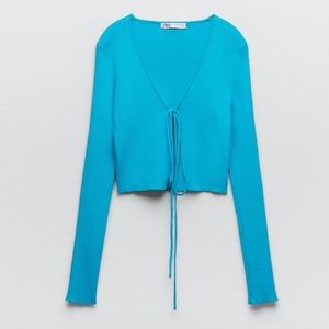 ZARA BLUE RIBBED KNIT front tie CARDIGAN NEW